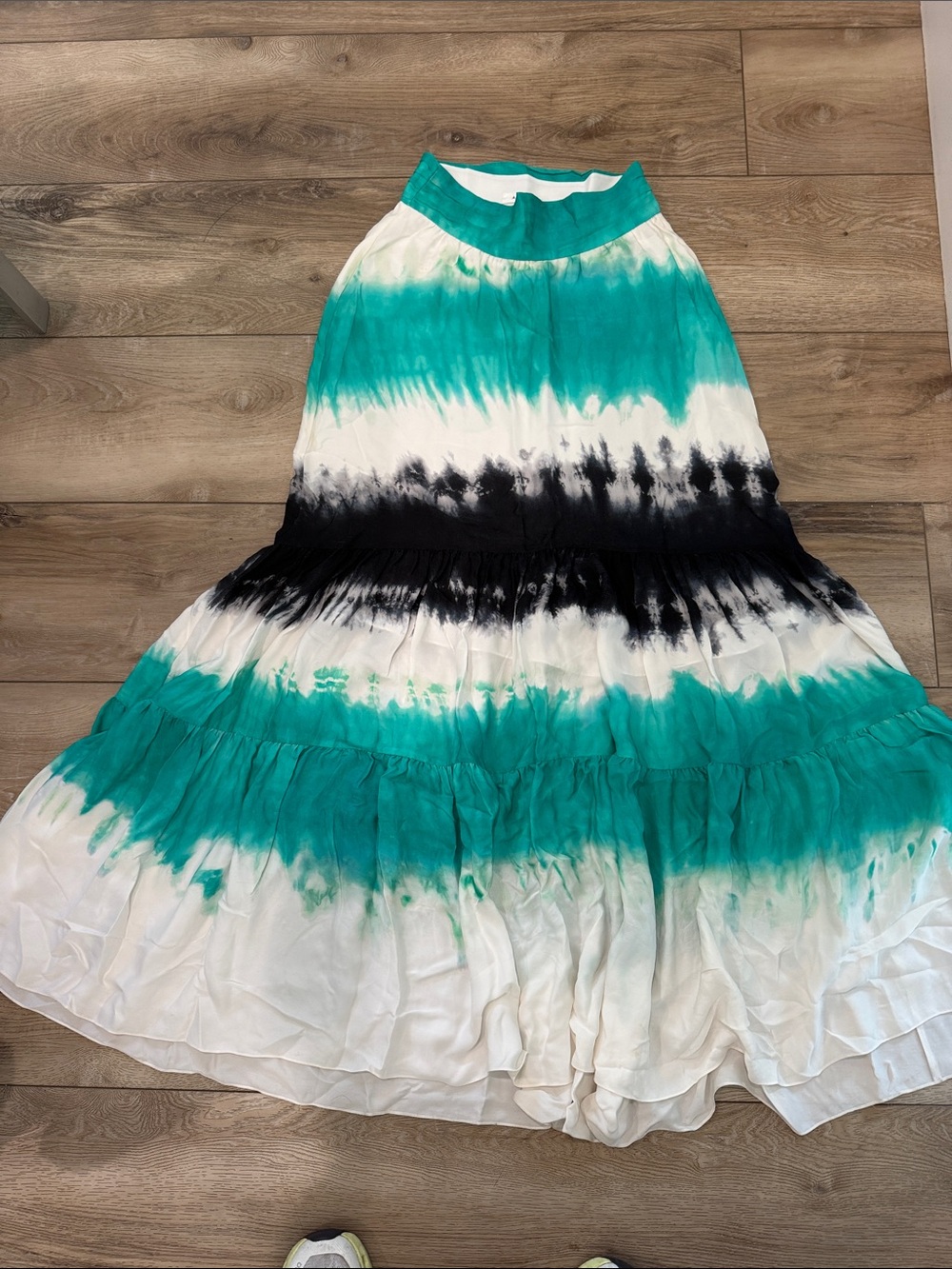 A.L.C. Tiered Tie-Dye Maxi Skirt in Teal, Black & White